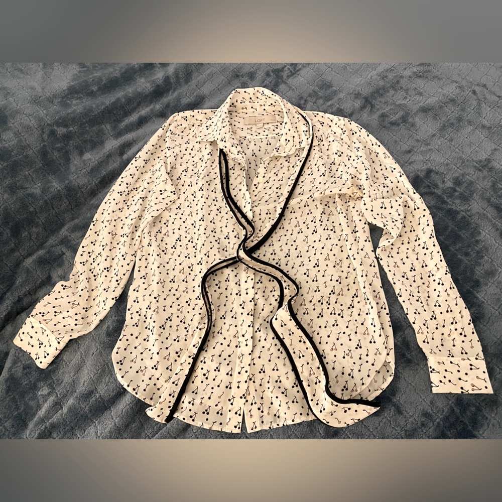 Loft Ditsy Cherry Print Ribbon-Collared Blouse